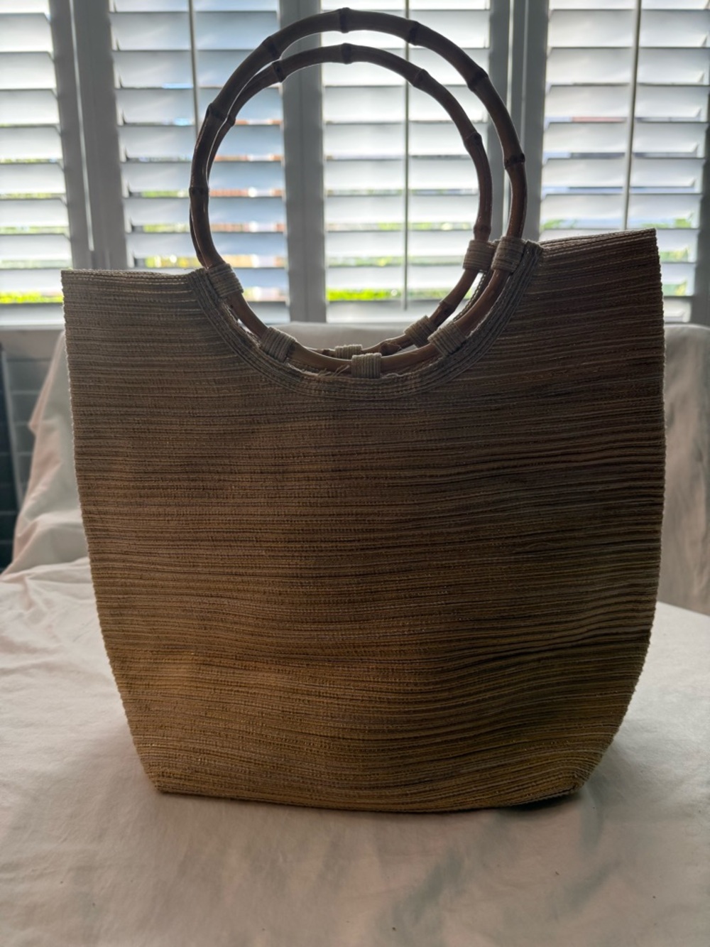 Woven Straw Tote Bag with Gold threads and Bamboo Handles - Natural